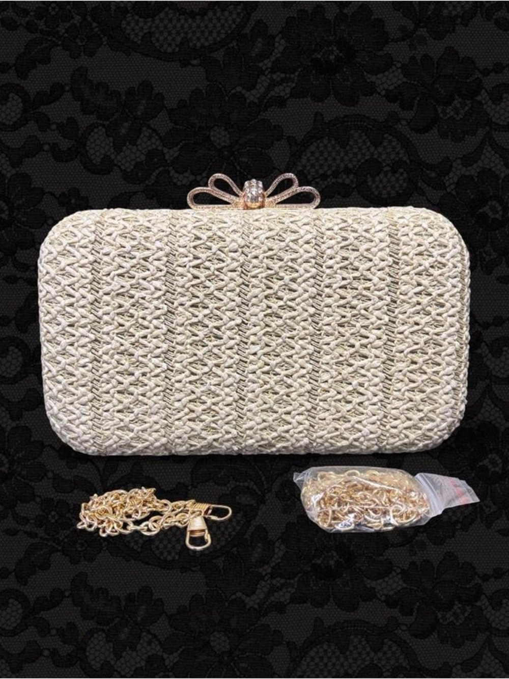 Cream Woven Straw Clutch Bag Gold Rhinestone Bow Coquette Wedding Guest Purse